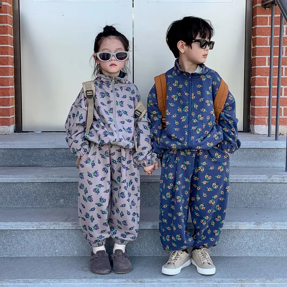 7074 Childrens Clothing Set Autumn Korean Full of Printed Flowers Girls Suit Leisure Zipper CoatPant Boys Two-piece Set H251208-image-1087662257