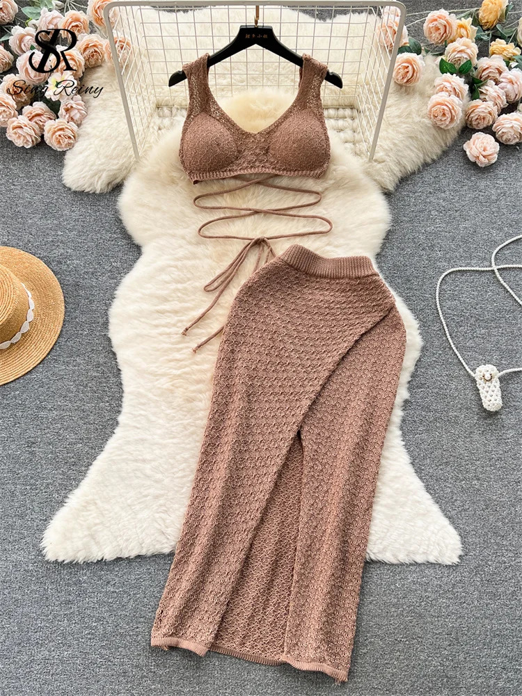 SINGREENY Fashion Y2K Retro Knitted Set Bandage Crop Sexy TopSplit Slim Body Skirt Fashion Holiday Womens Two Piece Set 250420