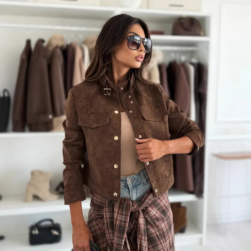 Women Brown Suede Jackets Coats Fashion Motorcycle Turndown Collar Long Sleeve Loose Vintage Female Outerwear Chic Tops 251124