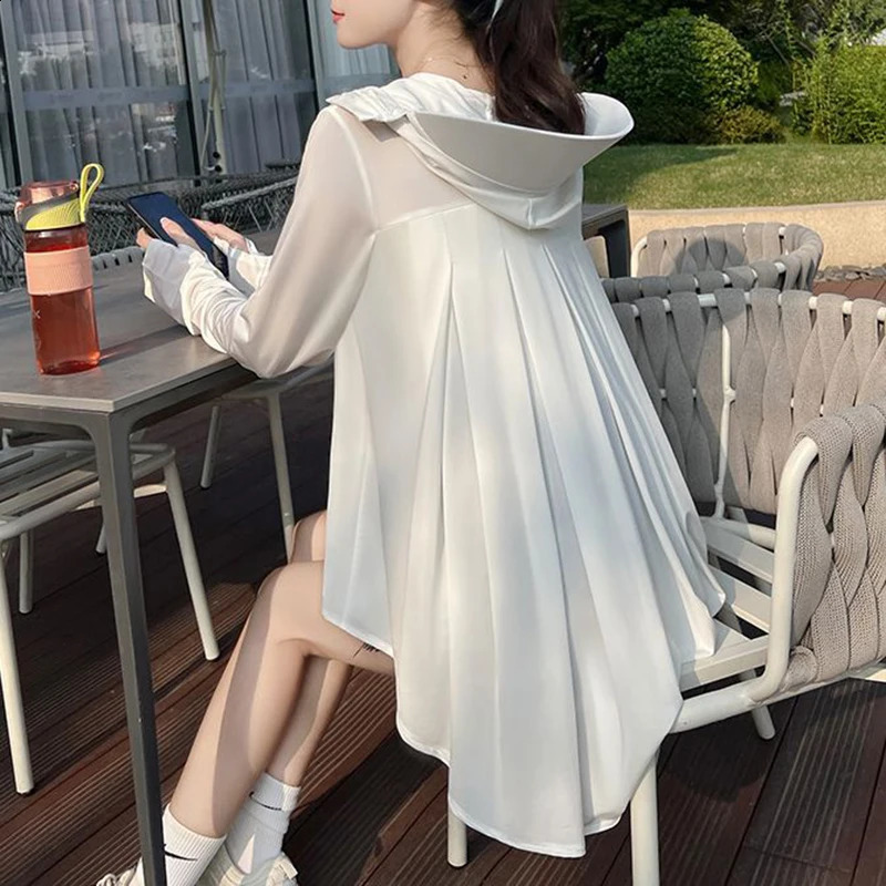 Casual clothing solid jacket UV resistant hooded zipper front and rear long pockets sun resistant shirt long sleeves summer womens clothing 250418