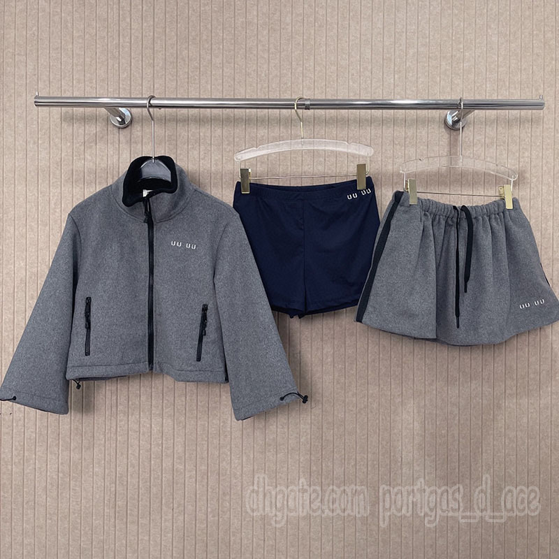 Women Gray Copped Fleece Jacket Mini Skirt Shorts Outfit Designer Letter Embroidered Zipper Lapel Neck Coat Winter Spring Vacation Street Style O-image-986547026