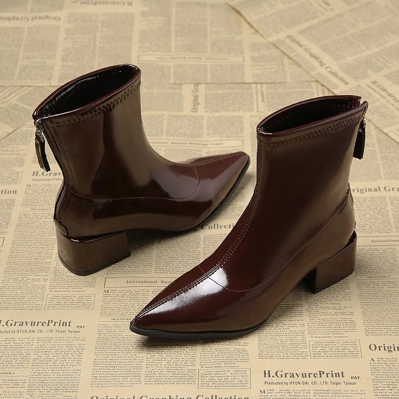Automne en cuir verni femmes bottines talons épais dames chaussures mode bout pointu confortable court Botas De Mujer 251121