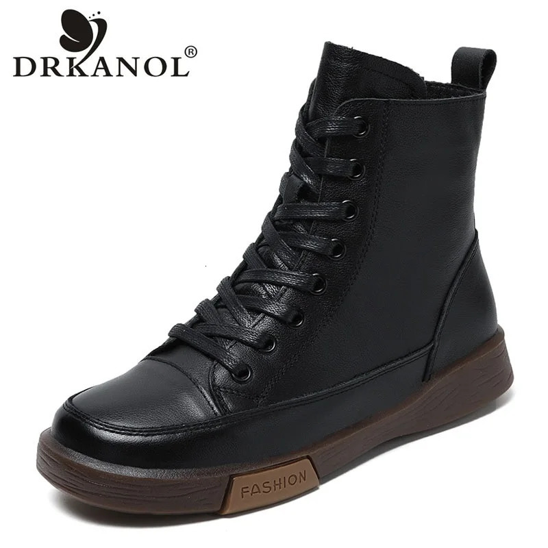 DRKANOL femmes en cuir véritable bottes courtes bout rond en cuir véritable à la main rétro Style de rue hiver chaud appartements bottines 251125