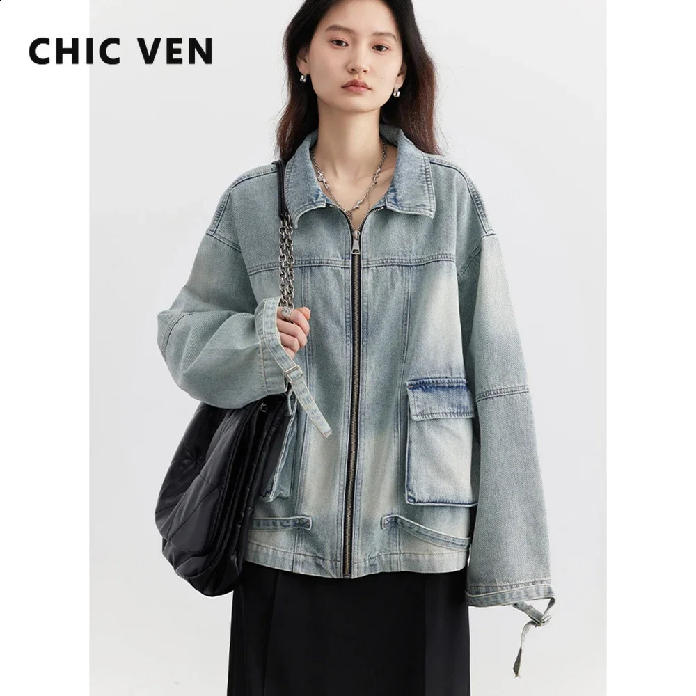 CHIC VEN Womens Jacket Retro Blue Casual Laundry Denim Cotton Jacket Fashion Street Clothing Womens Spring/Summer 250418BJ