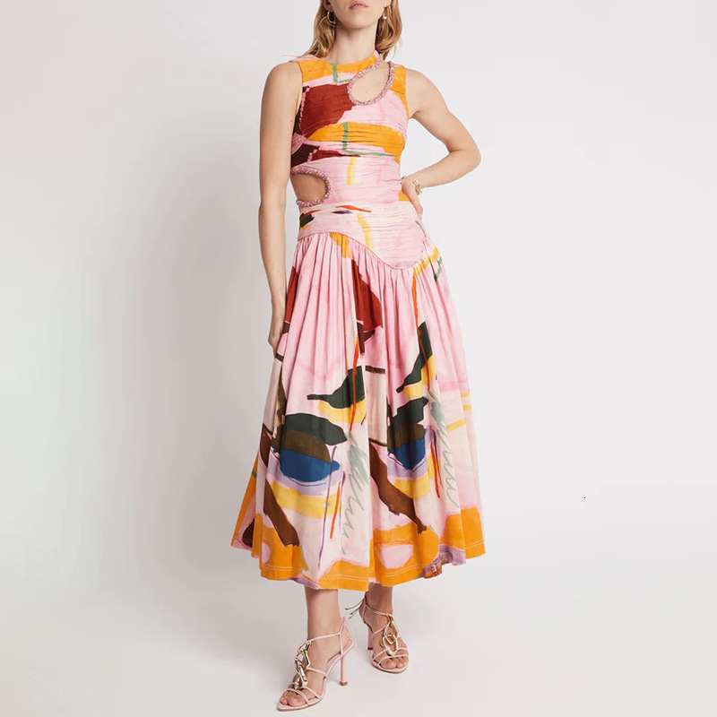 Elegant and Graceful Waist-Cinching Slimming Long Dress 2025 Summer New Sleeveless Design Hollow Out Printed Dress for Women 240627-image-997724647