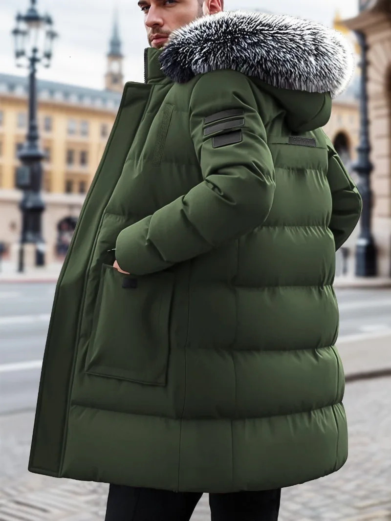 Winter Windproof Mens Faux Jacket Casual Polyester Coat with Detachable Hood ZipUp Front Long Sleeves Pockets Clothes 251124