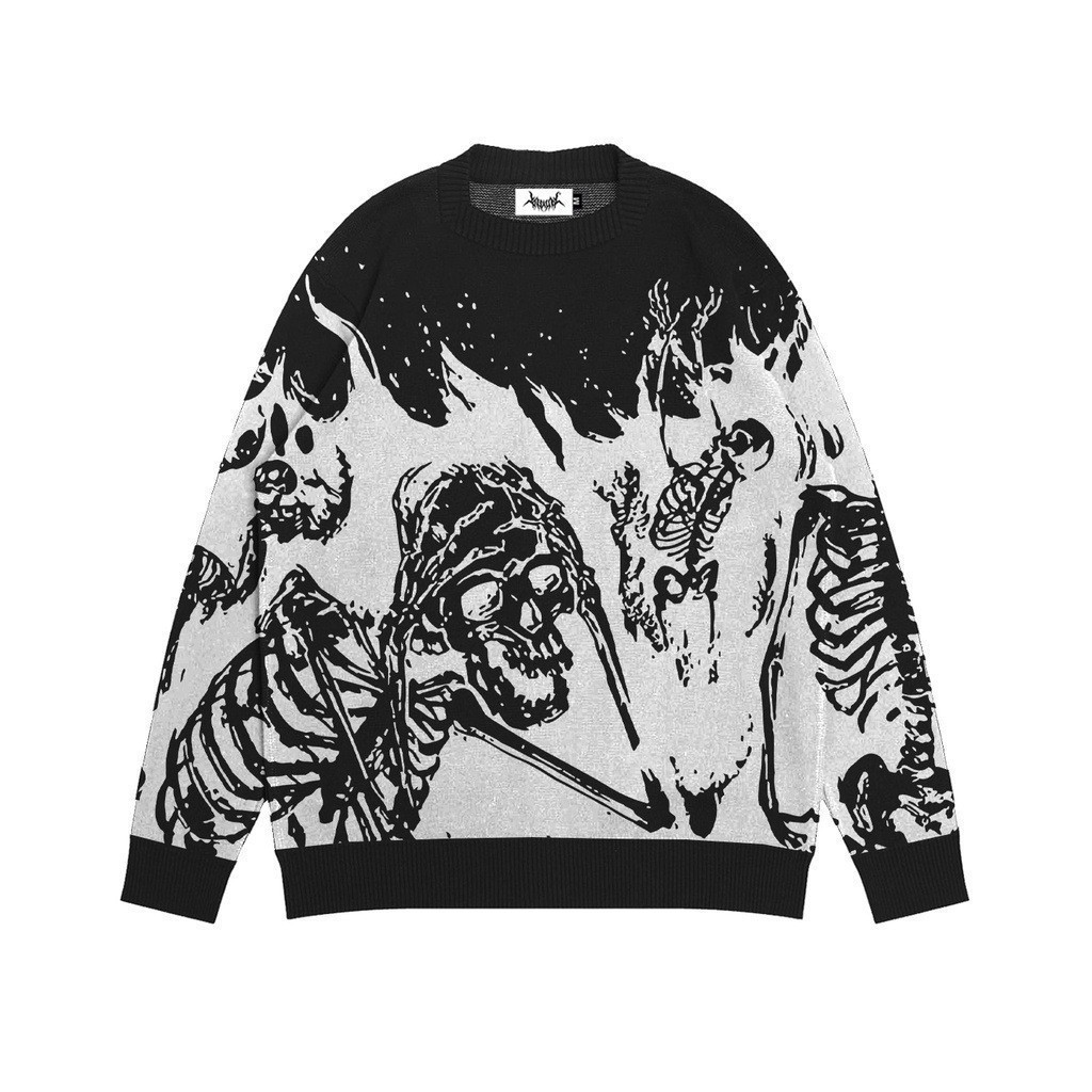 Women's Round Neck Pullover Sweater, Black Skeleton Print Jacquard Knit Top - Long Sleeve, Thick Polyester-Spandex, 50 cm Length, Regular Fit Str