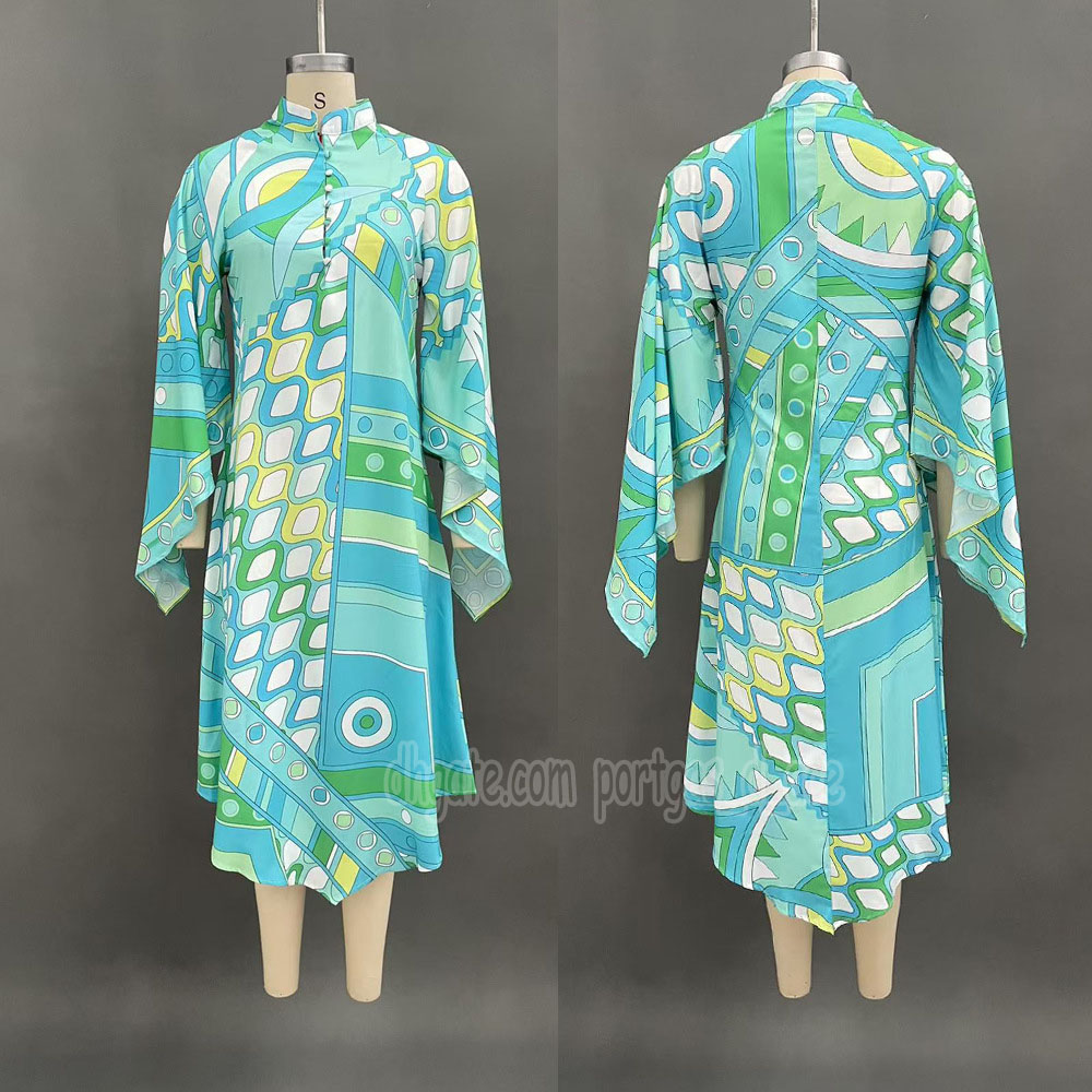 Robe chemise bleue de styliste pour femmes, tenue de luxe élégante, col montant, boutons, été, vacances élégantes, robes mi-longues