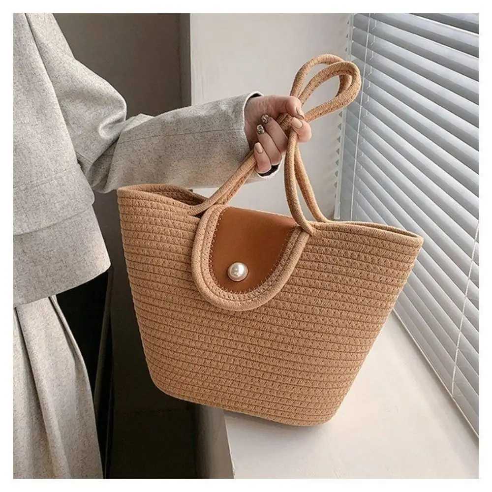 Summer travel woven INS trend large capacity cotton rope handbag pearl womens underwear bag Z250425