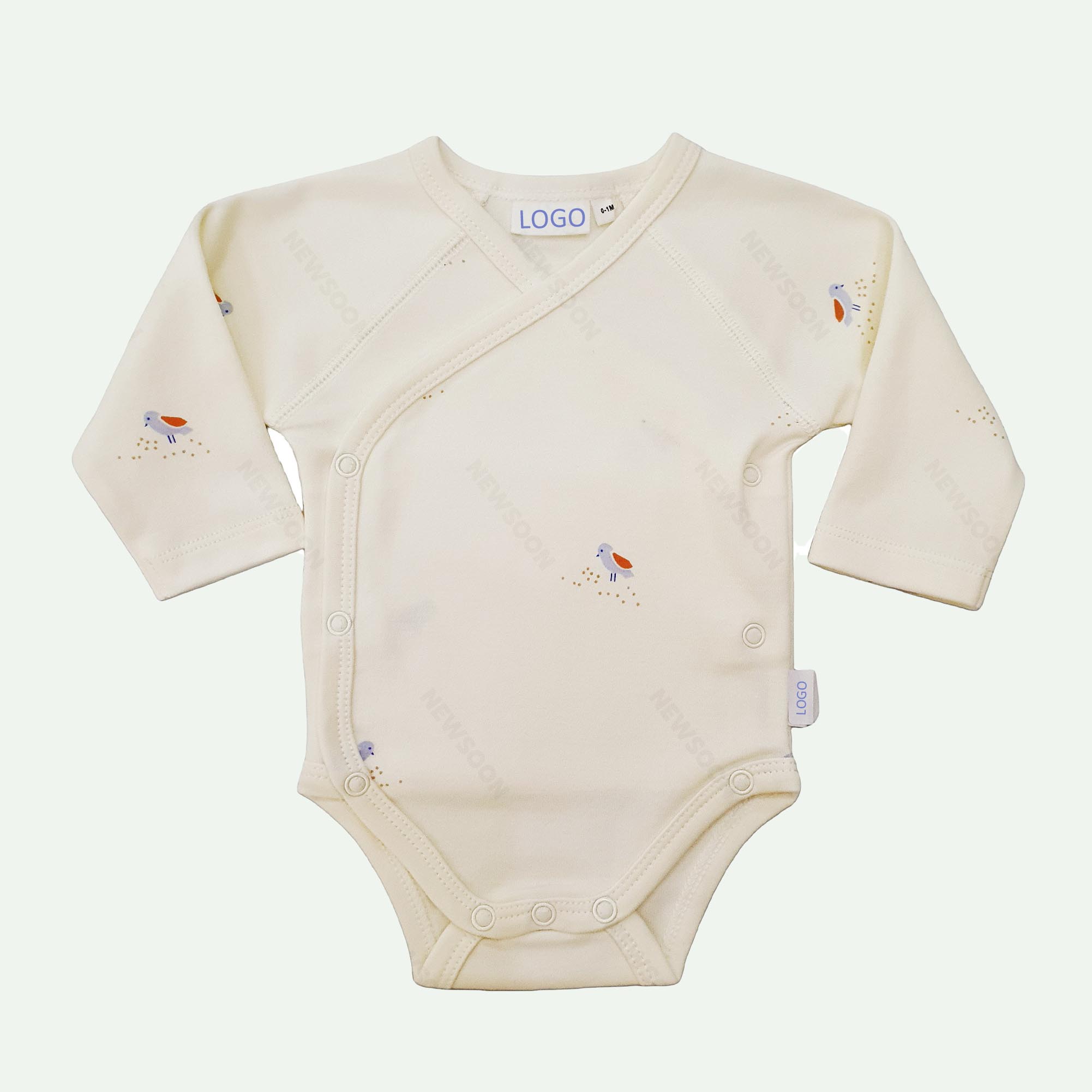 Soft & Comfortable Pima Cotton Baby Bodysuit with Adorable Birds Pattern - White Long Sleeves for Infants-image-1055114495