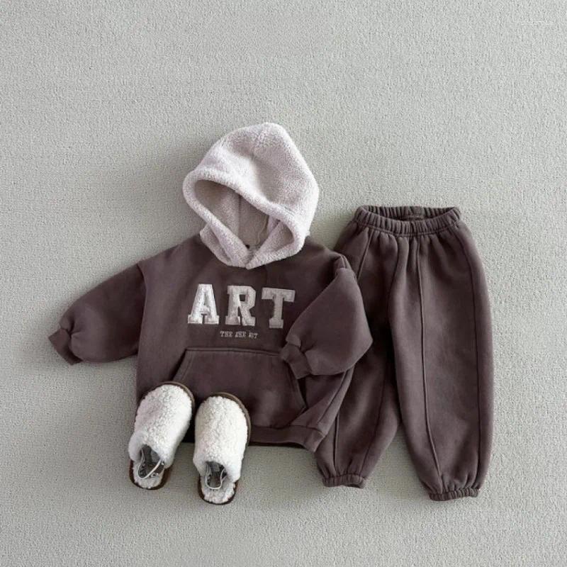 Clothing Sets 6973 Ins Korean Children Set 2025 Autumn Winter Color Matching Plush Hooded Boys Suit Fleece Sweater Pant H251208-image-1087662238