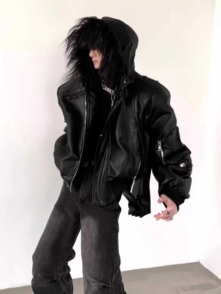 Mauroicardi Spring Autumn Cool Short Oversized Black Warm Pu Leather Jacket Men with Faux Fur Trim Hood Luxury Designer Clothes X251125