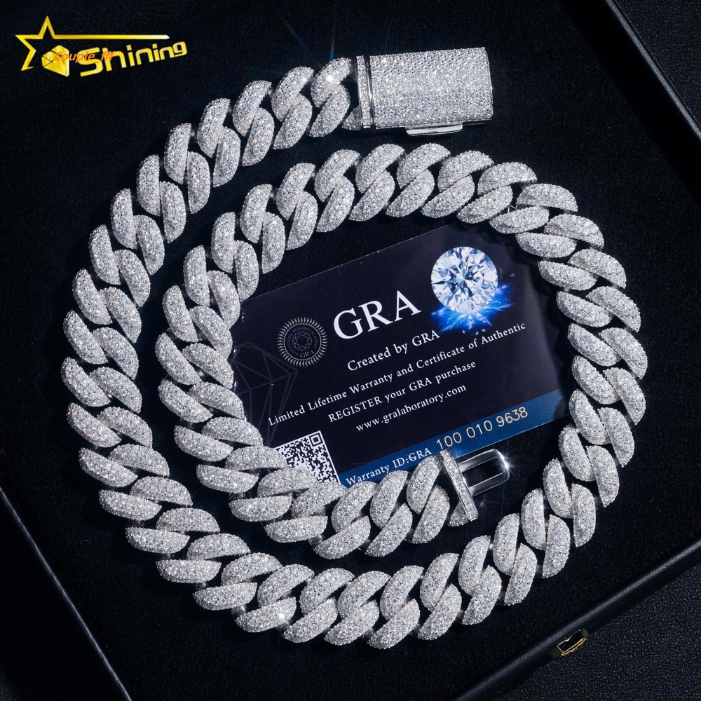 High End Heavy Solid 18MM 4 Rows Diamond Hip Hop 925 Sterling Silver Miami Moissanite Cuban Link Chain