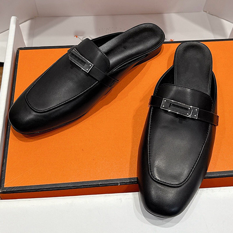 women calfskin noir Iota mules Genuine leather Elegant summer Simple Casual Loafers Sandals shoe upper decorated