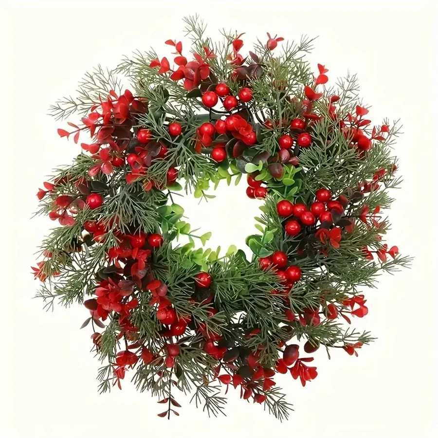 1Pc Charming 138in Christmas Wreath with Red Eucalyptus Berries - Perfect for Front Door Fireplace Mantle Window Decor C251126-image-1086194800