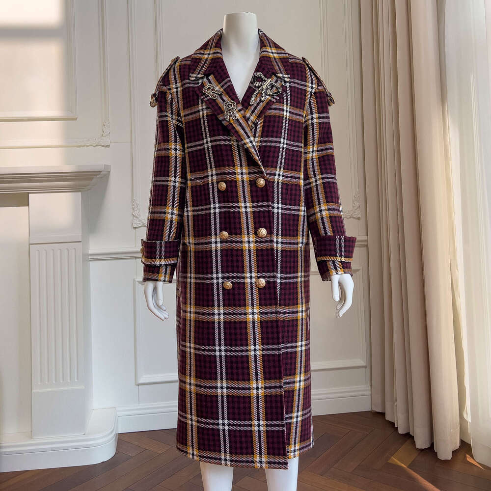 French Retro Wool Coat Long Straight Loose Slimming Elegant Turn Down Collar Plaid Overcoat Luxury Designer
