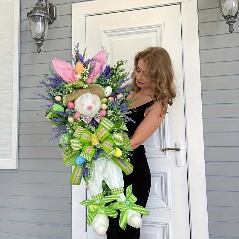 Flat Bunny Wreath with Eggs Flowers For Easter Spring Mothers Day Christmas No Electricity Durable Decor C251126-image-1086198562