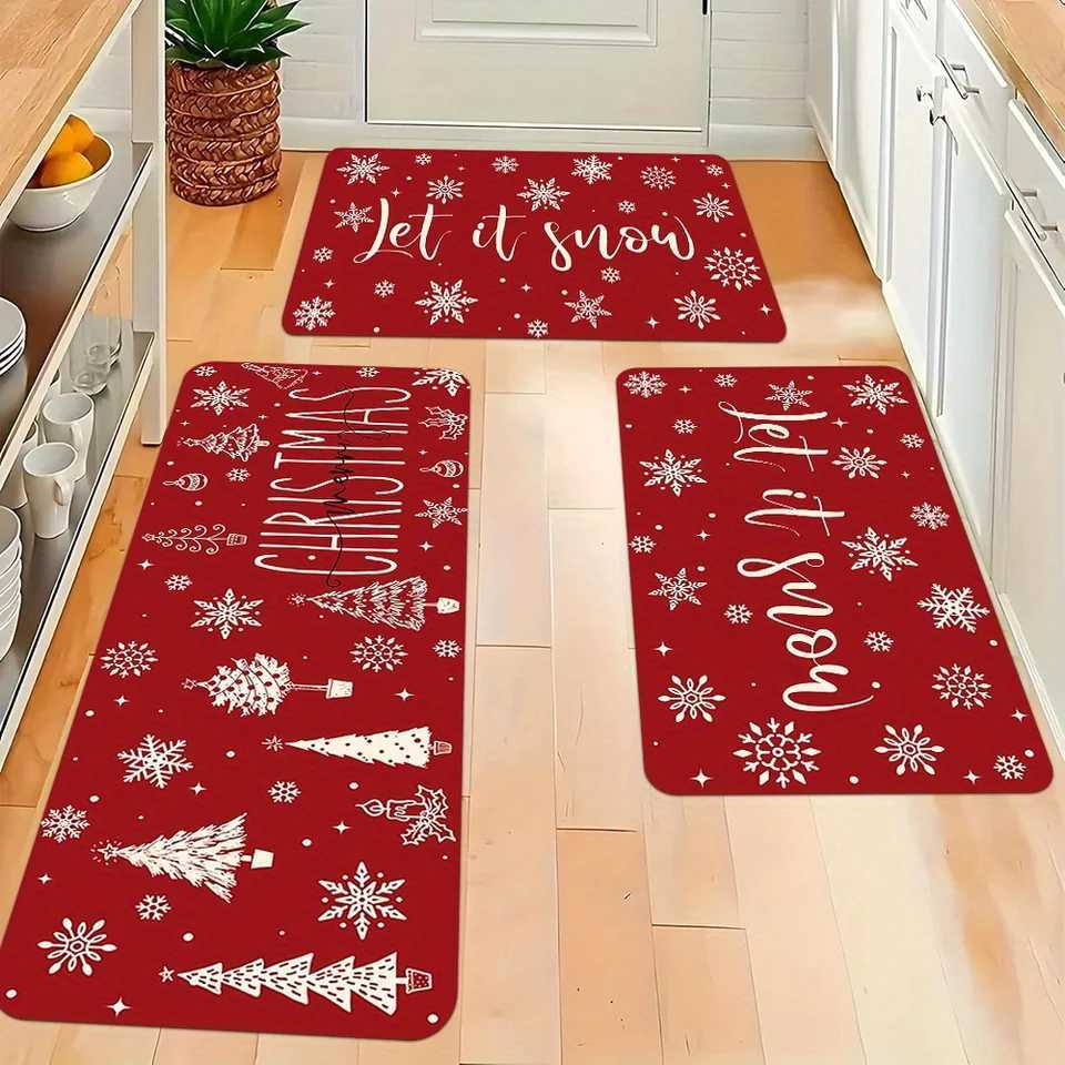 Tapis de cuisine à motif d'éléments de noël, en flanelle, antidérapant, chaud, pour automne et hiver, décoration de fête de vacances à la maison,