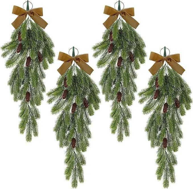Christmas Teardrop Winter Rustic Needles With Velvet Bow Christmas Greenery Hanging Garland For Home Decor Day of The Wreath C251126-image-1086196940