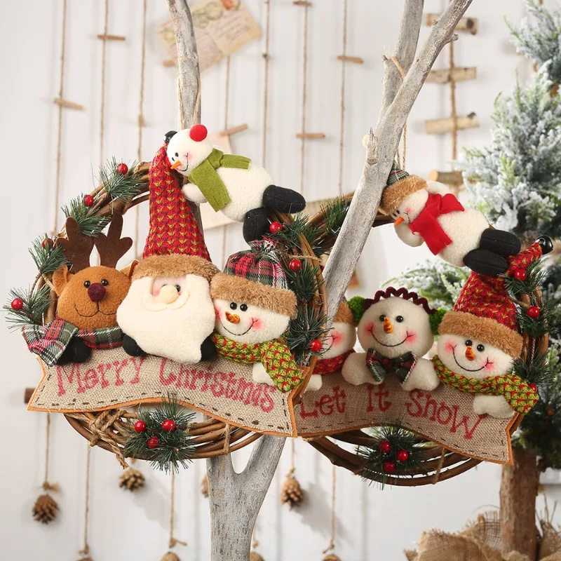 Santa Claus Reindeer Christmas Wreath Handmade Woven Rattan Holiday Wall Hanging Mini Desktop Decoration for Home Decoration C251126-image-1086195580
