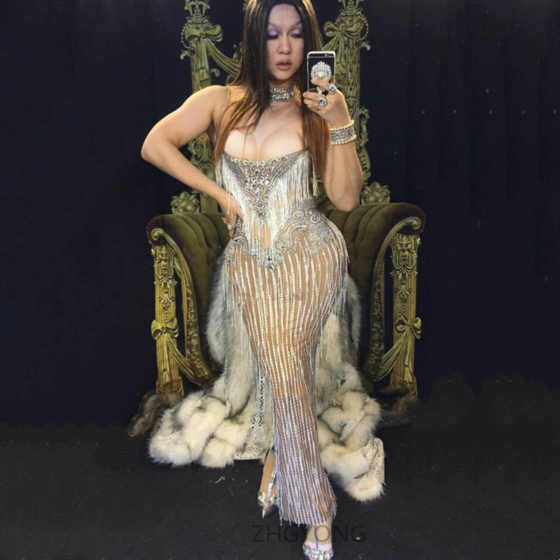 Sparkly Crystals Tassel Long Dress Women Sexy Stage Wear Elastic Skinny Sleeveless Nightclub Party Show Fringe Rhinestones Dresses Singer Perform-image-423904853