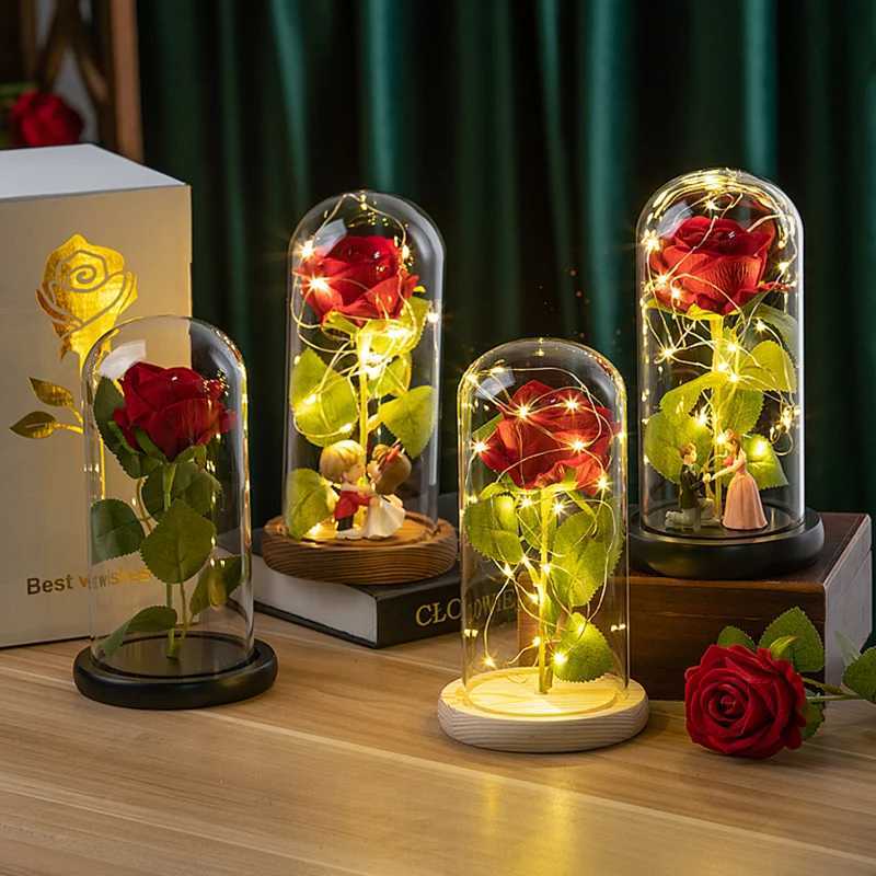 Eternal Red Rose Artificial Flowers with LED Light Creative Valentines Day Gift Rose in Glass Cover Simulation Rose Flower C251126-image-1086196914