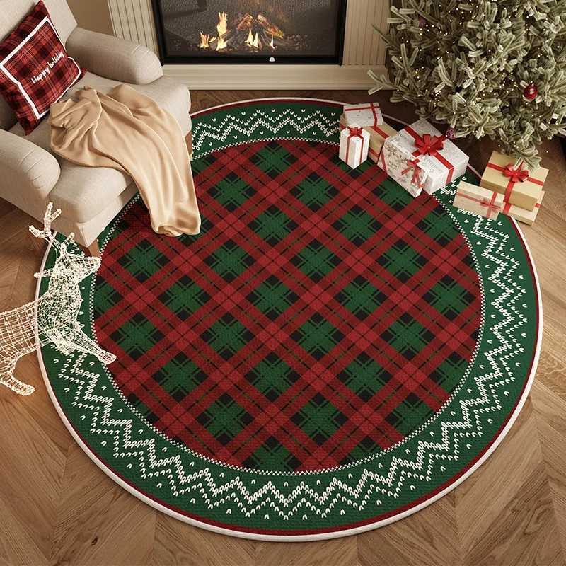 Christmas Round Carpet Plaid Pattern Mat Holiday Anti-slip Decoration Rug for Party Living Room Kids Room EntrywayM251126-image-1086170700