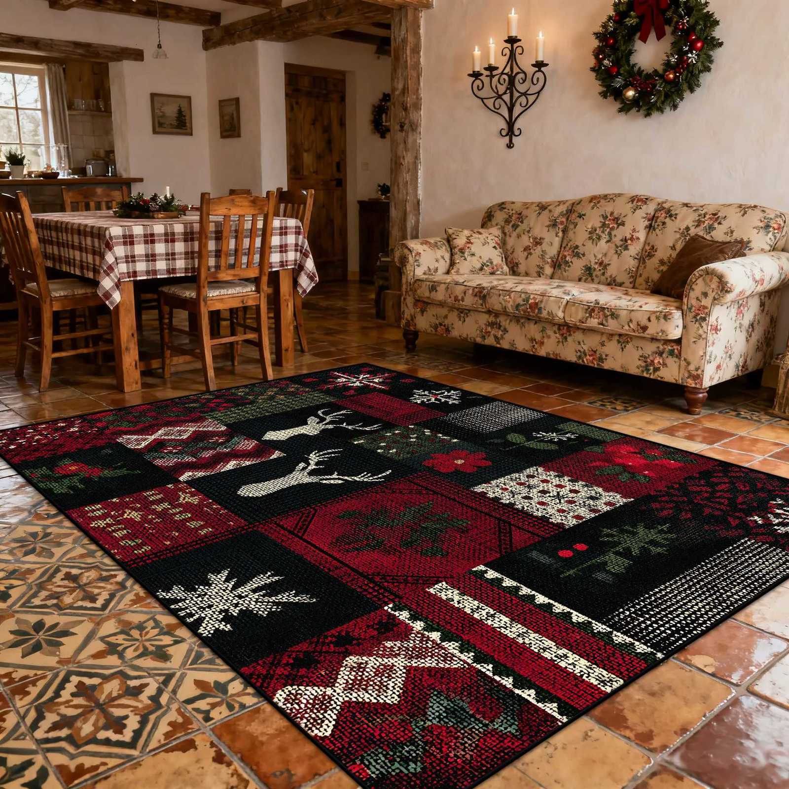 Bohème Noël Renne Moelleux Salon Tapis Décoration Maison Lavable Doux Tapis Géométrie Grande Surface Antidérapant Tapis de SolM251126