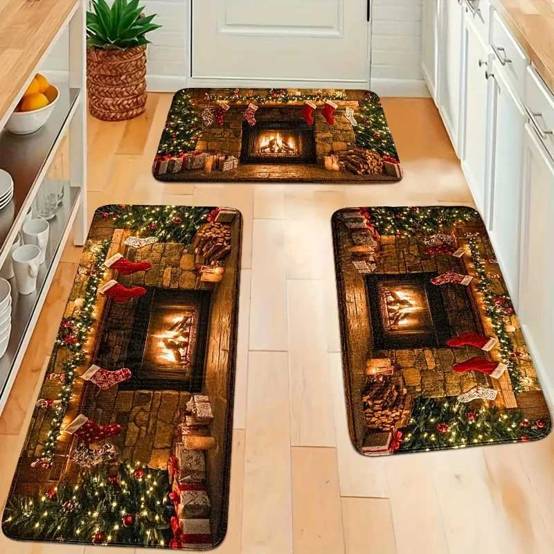 Tapis de cuisine de noël S en polaire, doux et antidérapant, avec motif d'arbre de cheminée, éponge pour décoration de sol de cuisine et de salle