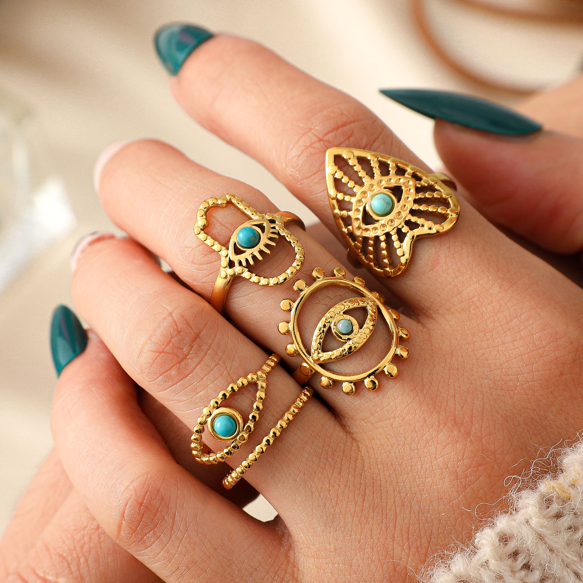 New Ladies Ring 18K Gold Plated Turquoise Heart Eye Openable Jewelry High quality gold designer diamond ring rings designer for women engagement men