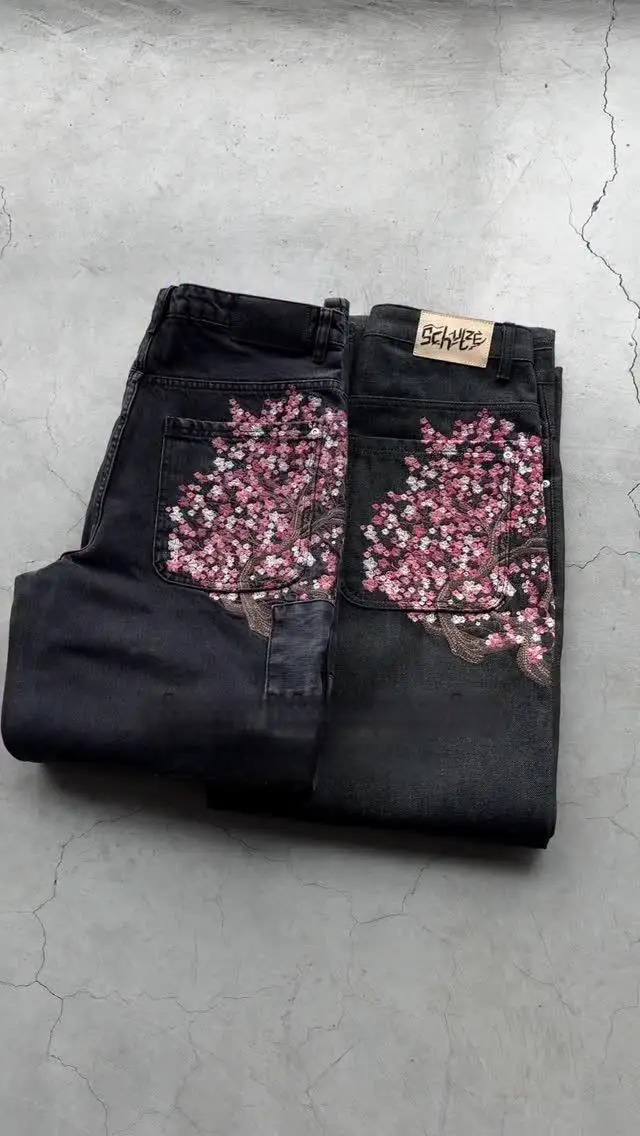 Derschutze Patchwork Cherry Blossom Embroidery Denim Pants Y2k Vintage Women Baggy Straight Wide Leg Jeans Street Men Clothes 251106
