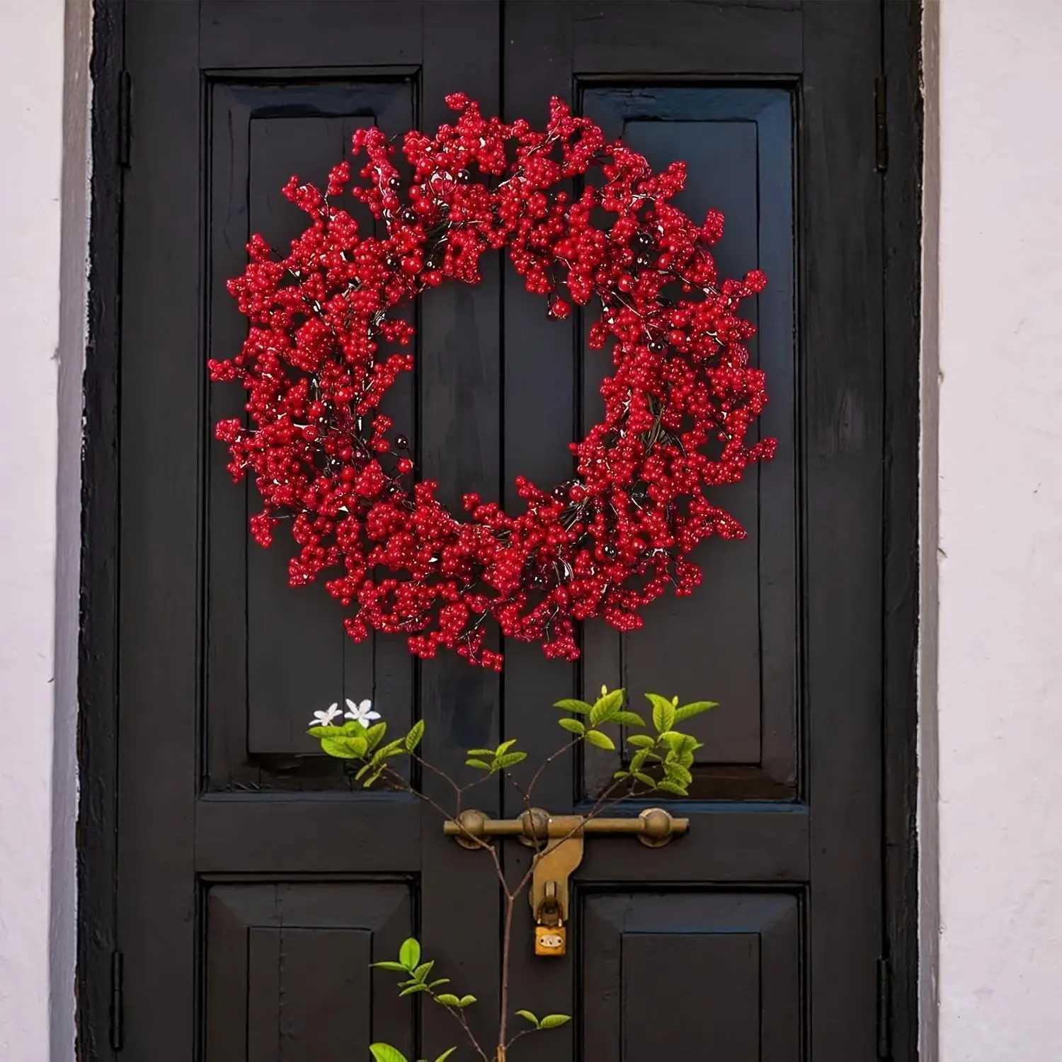 Red Berry Winter Wreath Christmas Red Berry Wreath - Artificial Twig Garland Winter Decorations for Front Door C251126-image-1086196953