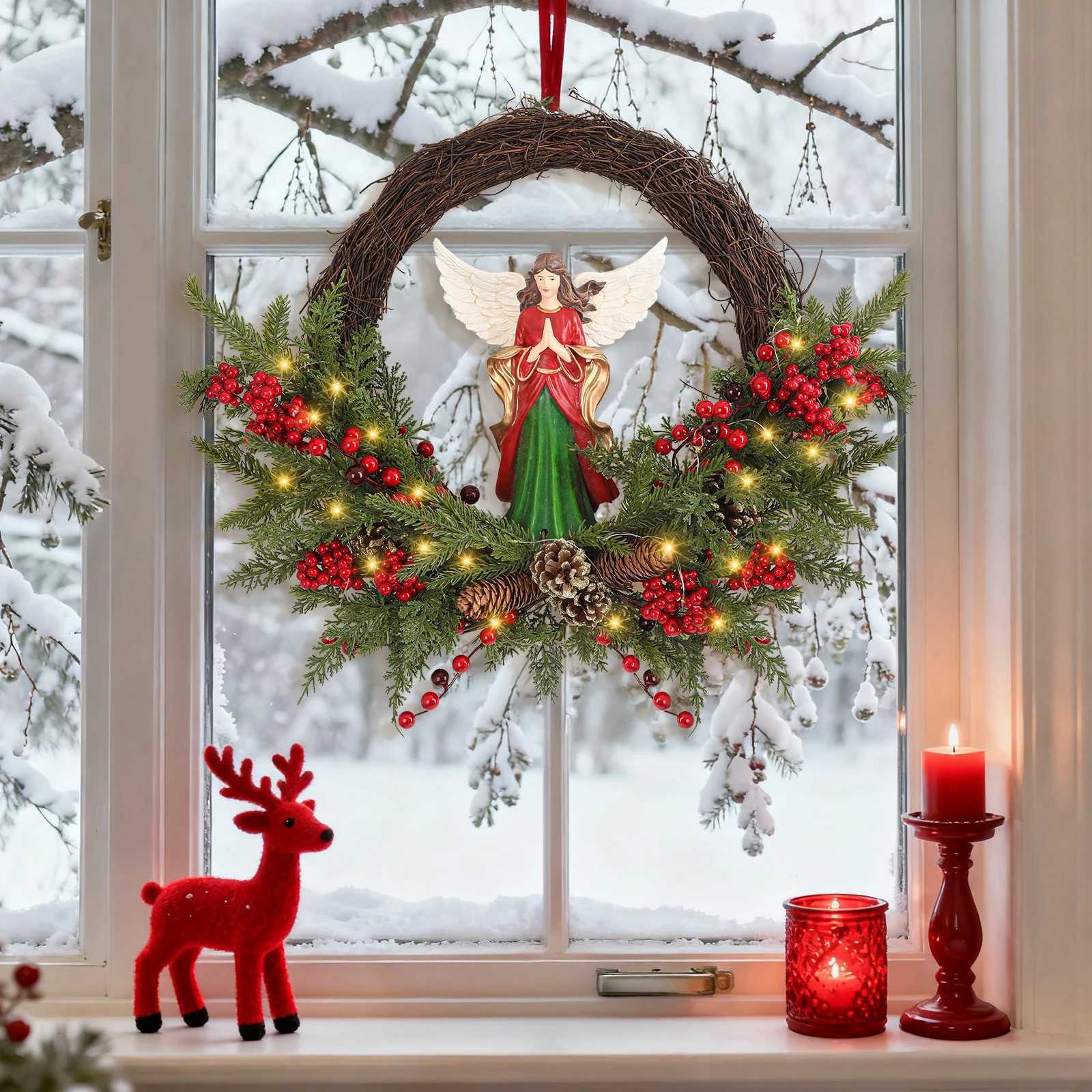 24 Inch Christmas Wreath with Lights Battery Operated Christmas Angel Wreath with Berries 30 LED Pre-Lit Holiday Door Wreath f C251126-image-1086197160