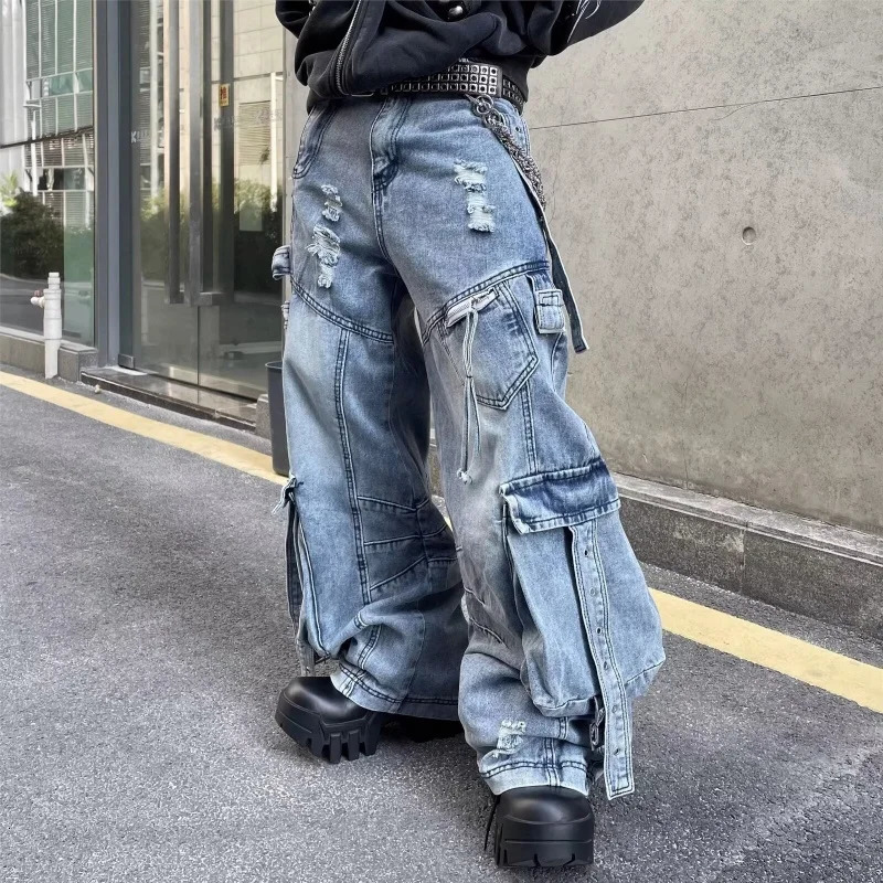 2025 Cyber Y2K Streetwear Washed Blue Baggy Ripped Cargo Jeans Pants For Men Clothing Wide Leg Vintage Loose Punk Denim Trousers 251124