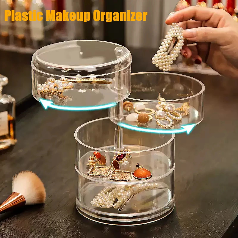 Boîte de rangement de bijoux rotative, support de maquillage, bracelet, boucle d'oreille, organisateur rond en plastique, présentoir avec couverc