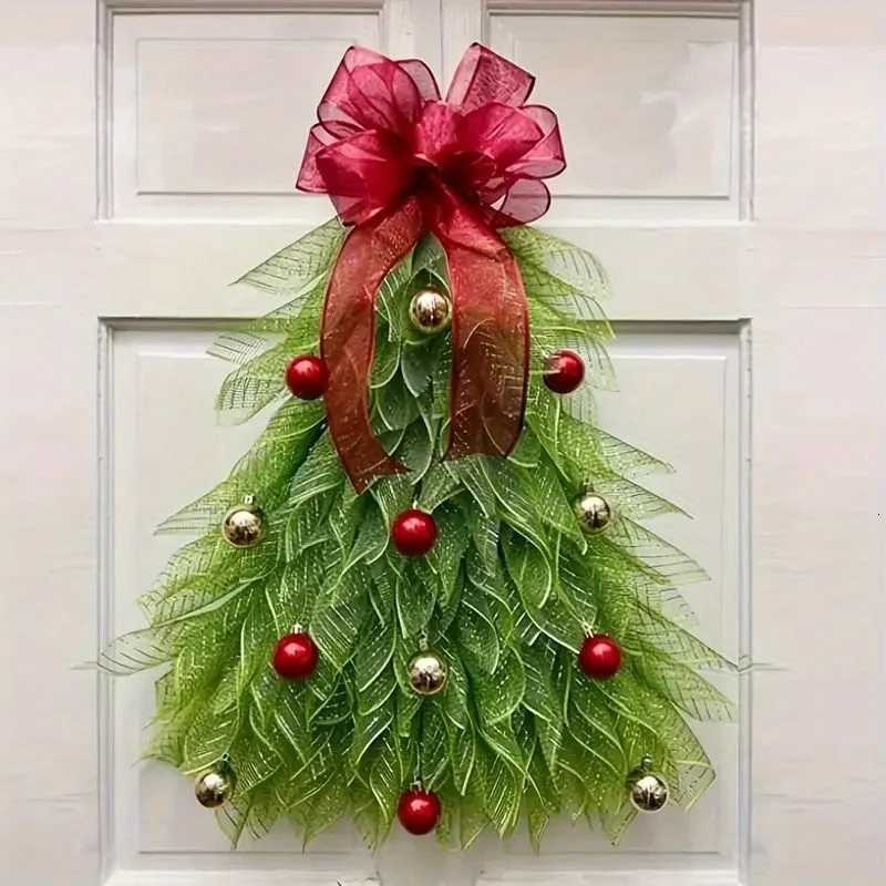 Elegant Door Hanging Decoration with Red Ribbon Greenery Golden Balls Christmas Wreaths for Front Door Seasonal Home Accent C251126-image-1086197617
