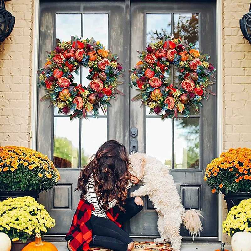 Autumn Round Wreath Decorative Artificial Autumn Garland Festival Theme Farmhouse Party Decoration C251126-image-1086196165
