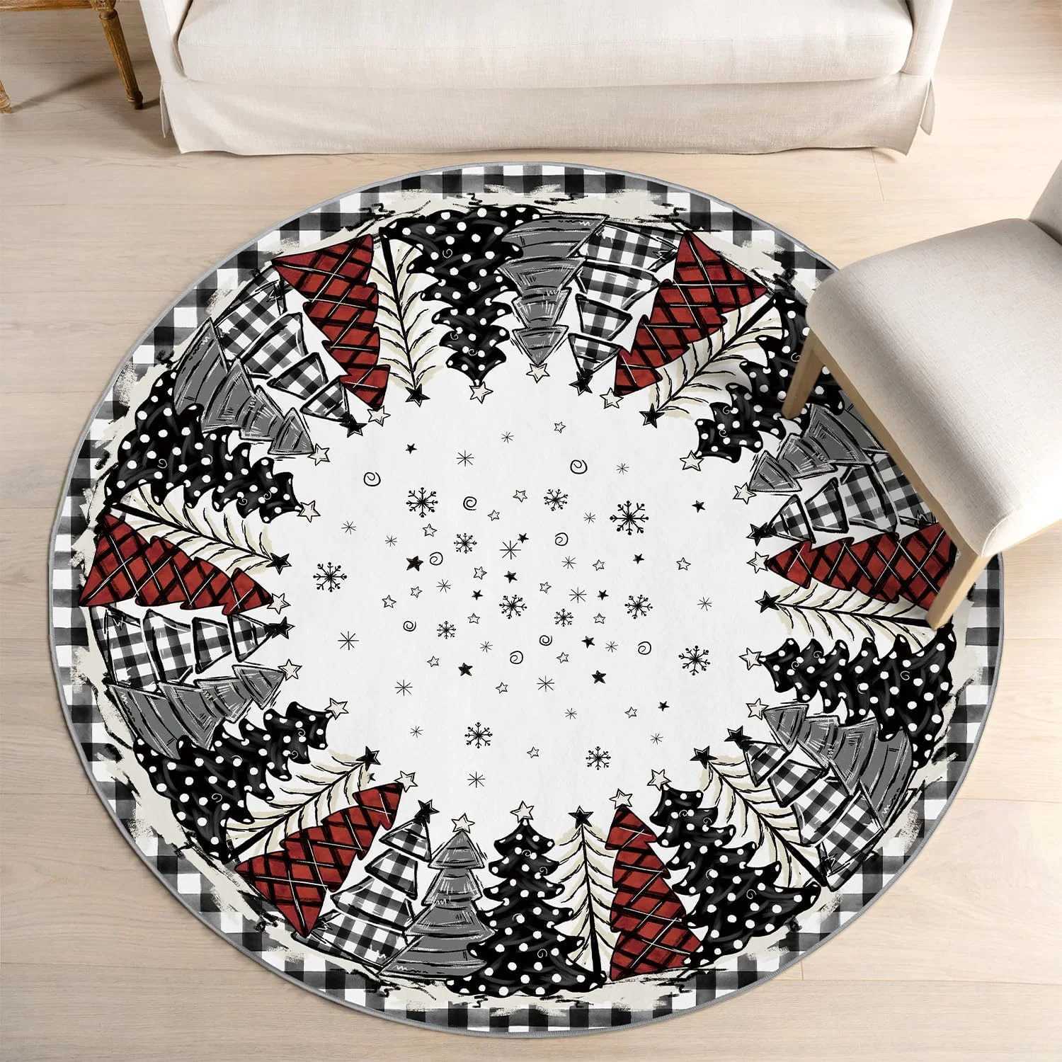 Christmas Tree Round Area Rug Xmas Tree Winter Forest Snowflake Holiday Circle Rug Non Slip Mat for Living Room BedroomM251126-image-1086172300