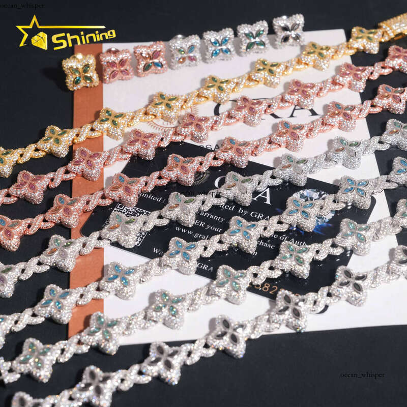 VVS Moissanite Hot Sale VVS Iced 925 Silver 18k Gold Plated Colorful Silicon Stone Flower 7inch Bracelet 15mm Earrings Jewelry Set
