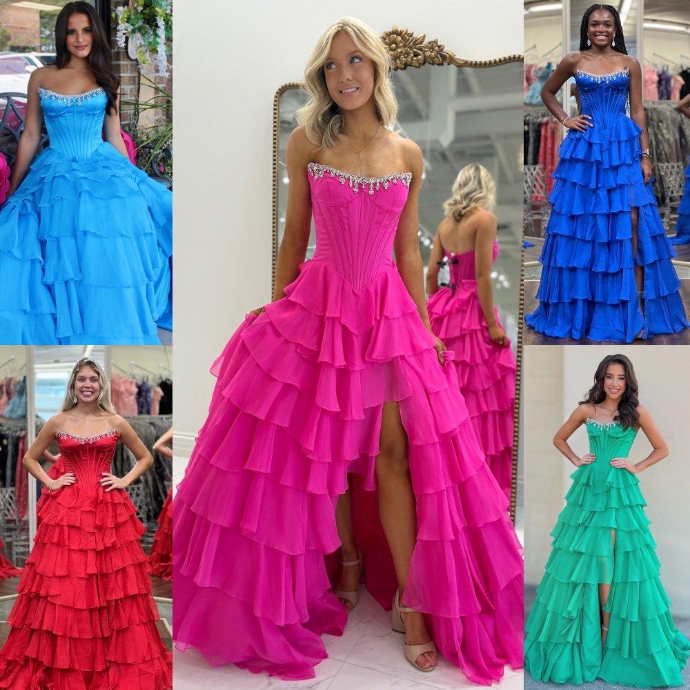 Robe de bal bleu clair, corset perlé, jupe à volants en mousseline de soie, fente longue, soirée formelle d'université, concours de beauté, gala