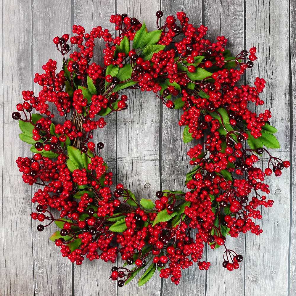 Yannew Christmas Red Berry Wreath for Front Door Outside Xmas Handmade Artificial Holly Berries Wreath Winter Home Wall Decor C251126-image-1086196375