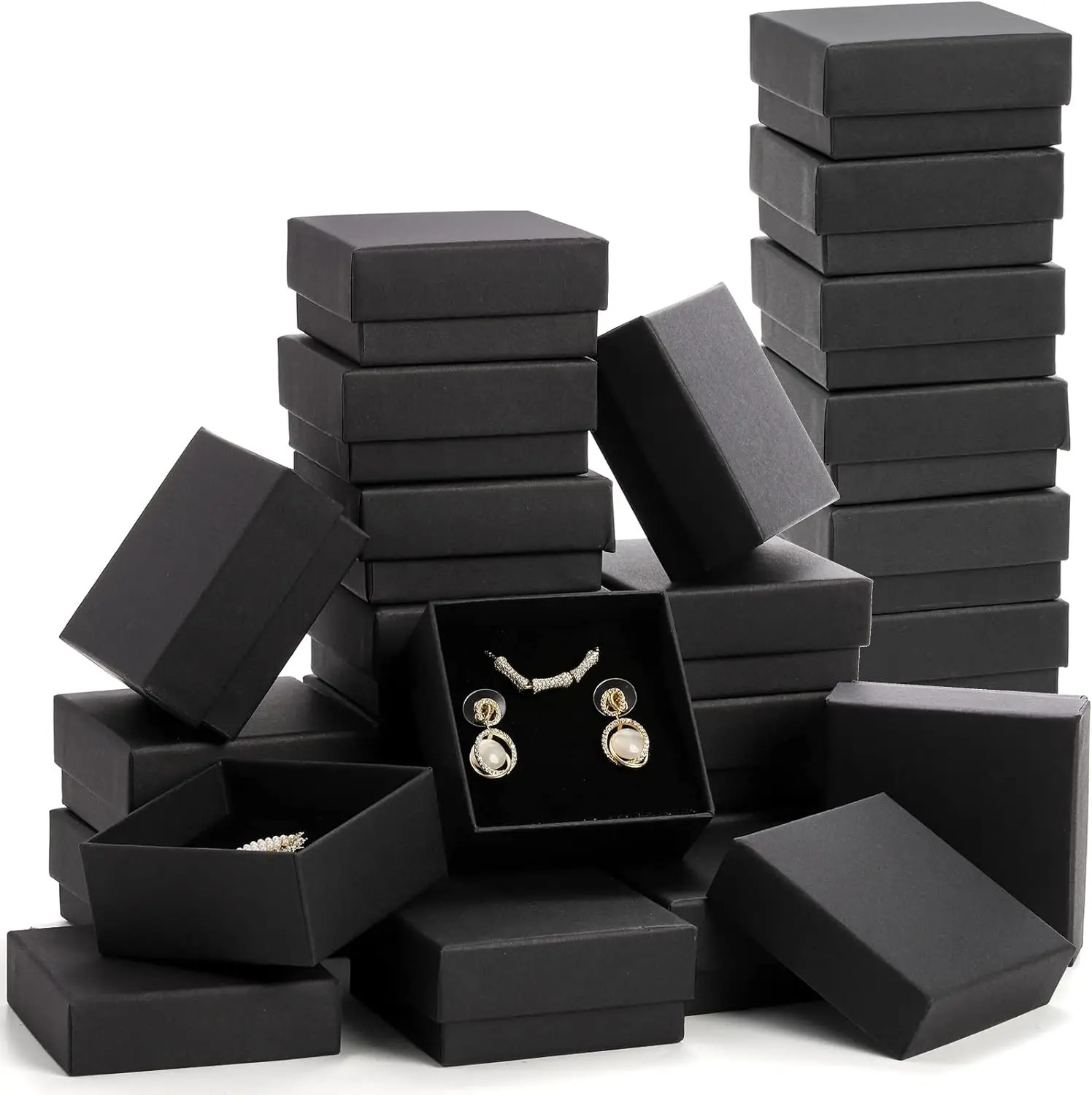 32pcs7x7x25cm noir kraft bijoux boîte-cadeau en carton bague collier boucle d'oreille emballage organisateur boîtes cas avec éponge à l'intérieur