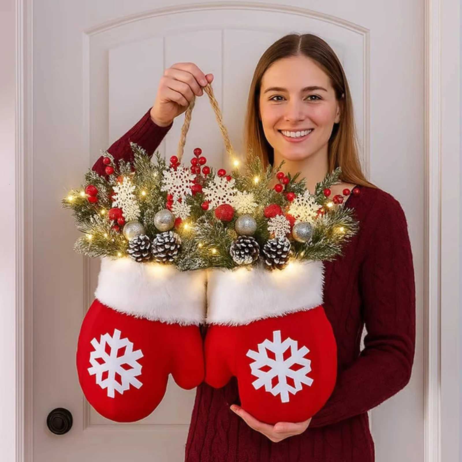 Christmas Garland Creative Glove Shaped Simulated Flower Wreath Window Door Gate Decoration Door Sign Xmas Party Decoration C251126-image-1086198435