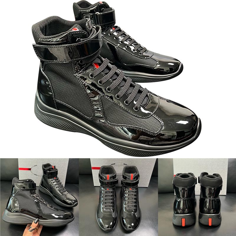 Designer Hommes Laque Haut Top Americas Cup Baskets Noir Laque Maille Tige En Caoutchouc Flexible Semelle Crochet Boucle Classique Hommes Chaussu