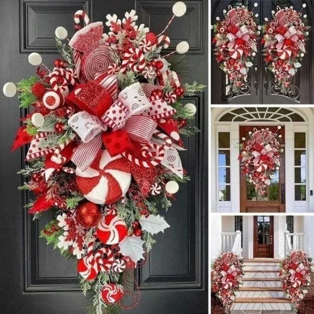 Candy Cane Front Door Christmas Wreath - Red and White Wreath with Christmas Day Theme Wall Door Home Dcor C251126-image-1086195518