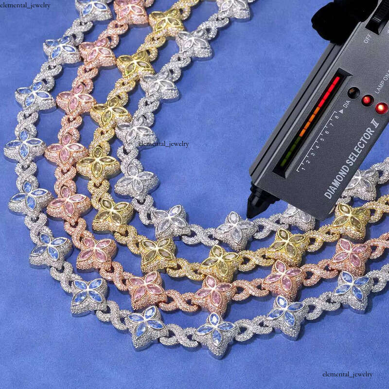 Luxurious 925 S925 Sterling Silver Hip-Hop Necklace with Colorful VVS Moissanite Cuban Clover Flower Pattern Multifunctional Luxury