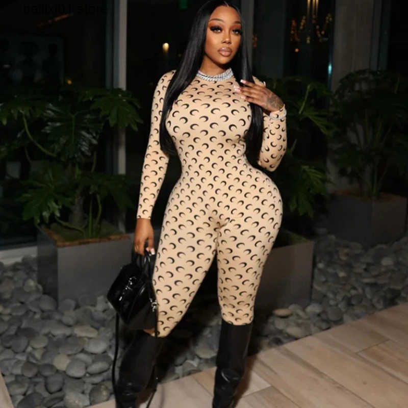 Fashion womens moon print sports jumpsuit and jumpsuit 2025 spring womens long Sleve O-neck body sexy club Strt Overalls T250426