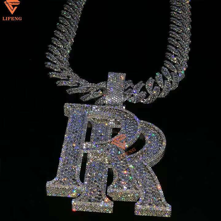 Hip Hop Double R Letter Baguette 18k Moissanite Vvs GRA Moissanite 925 Silver Personalized Necklace Iced Custom Jewelry 14k Chain Pendant