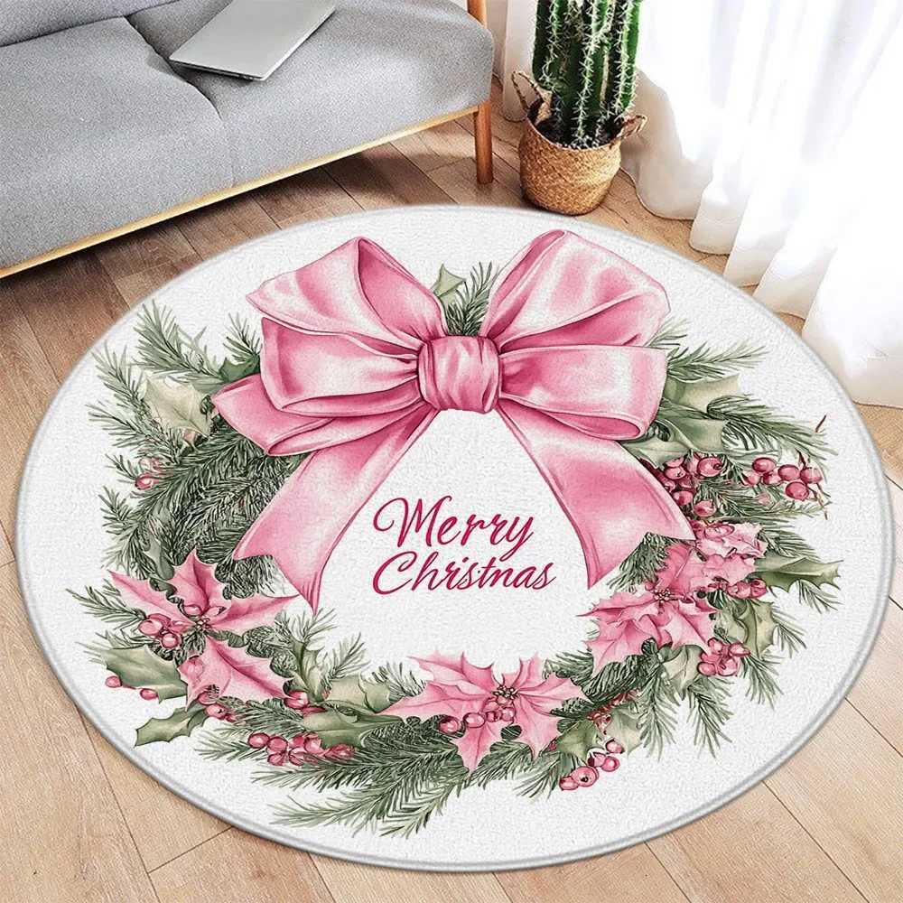 Merry Christmas Round CarpetPink Bowknot with Green Pine Branches Festive Holiday Decor Floor Rug for Home Living Room BedroomM251126-image-1086170751