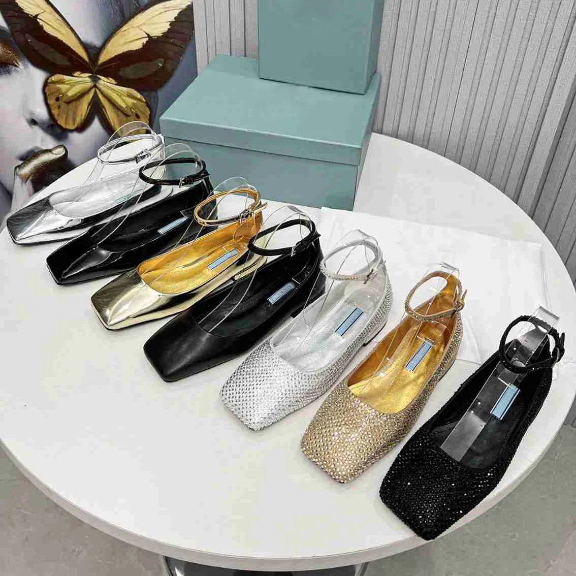 Sandales de créateur pour femmes, ballerines Milan, mocassins en cuir métallisé, bride à la cheville, chaussures à bout carré, strass, sandales p